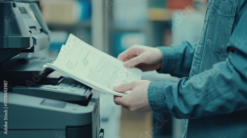 Close up shot of a person holding a piece of paper with print on it in front of a printer, office space, prints, work task