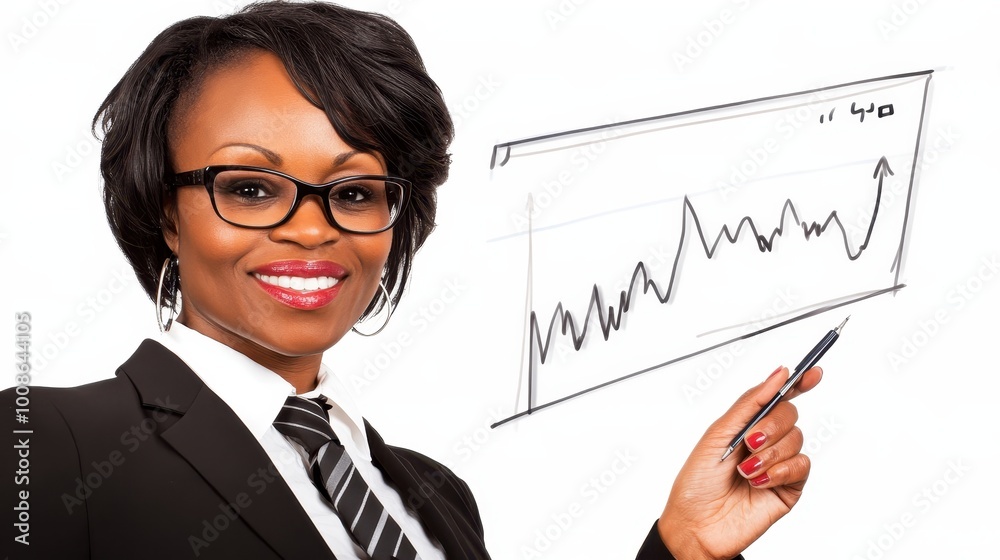 A professional woman in a suit confidently presents a growth chart, illustrating success and expertise in business and finance. A professional woman in a suit confidently presents a growth chart, illustrating success and expertise in business and finance.
