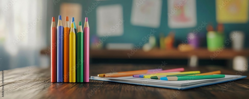 Vibrant color pencils arranged neatly on a wooden table, with a sketchbook ready for creativity and artistic expression. Vibrant color pencils arranged neatly on a wooden table, with a sketchbook ready for creativity and artistic expression.