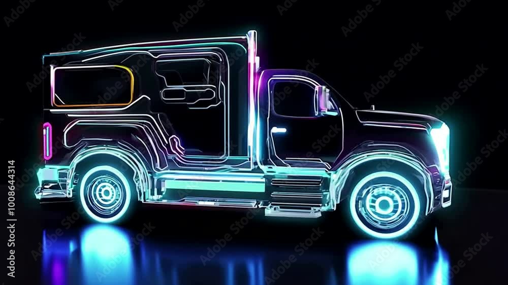 3D model of a futuristic truck, bright neon lights on a black background. Generative AI
