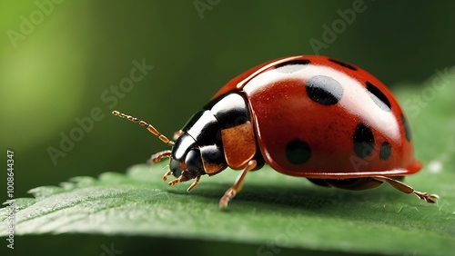 A 3D render of a vibrant red ladybug on a green leaf, symbolizing good luck, happiness, and positive energy, often considered a sign of future prosperity and success.