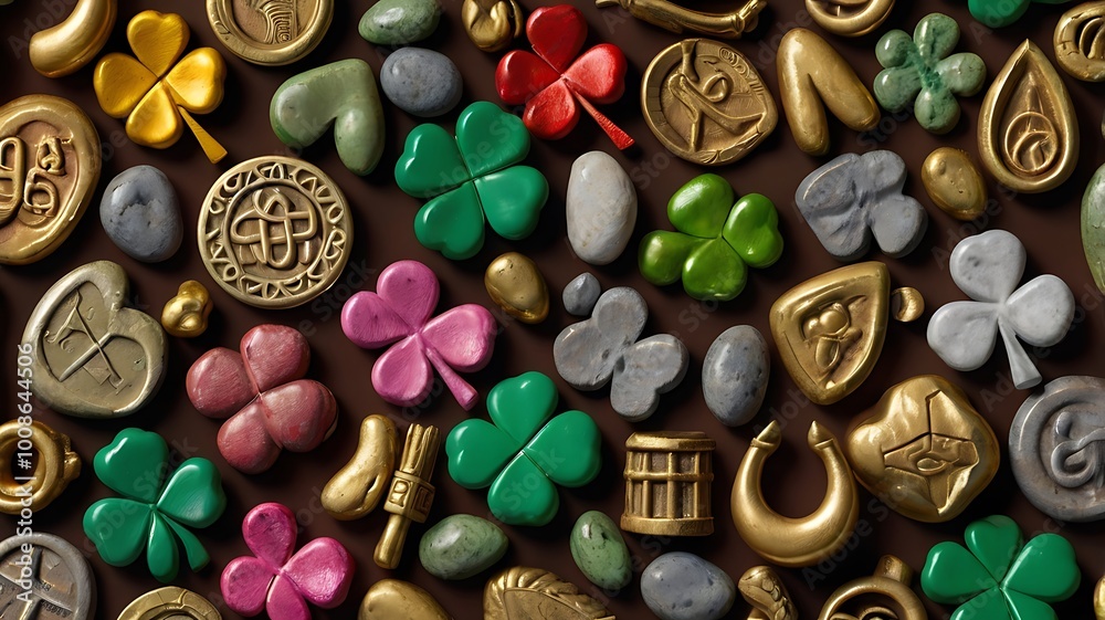 A 3D render of an array of ancient lucky charms and talismans, including horseshoes, four-leaf clovers, and engraved stones, each representing centuries-old traditions of bringing fortune and protecti A 3D render of an array of ancient lucky charms and talismans, including horseshoes, four-leaf clovers, and engraved stones, each representing centuries-old traditions of bringing fortune and protecti