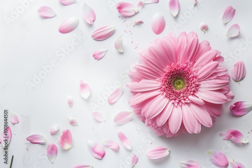 Modern flat lay with a pink flower and petals spread out on a white surface
