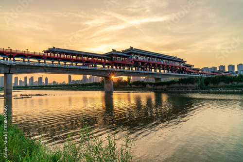 Covered bridge over the river in Xianyang, China