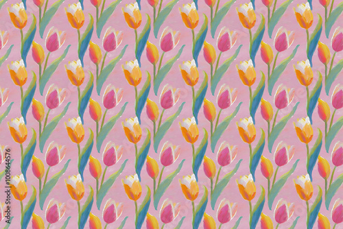 チューリップのシームレスパターン、ピンクの背景