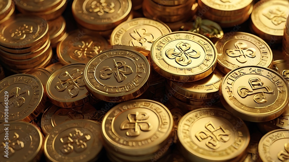 A close-up 3D render of a pile of gold fortune coins, inscribed with lucky symbols from different cultures, representing wealth, good luck, and prosperity A close-up 3D render of a pile of gold fortune coins, inscribed with lucky symbols from different cultures, representing wealth, good luck, and prosperity