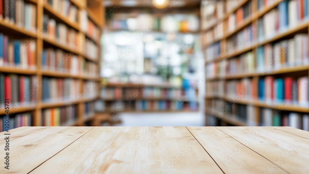 An old wooden table in front of bookshelves filled with books, blurred background An old wooden table in front of bookshelves filled with books, blurred background
