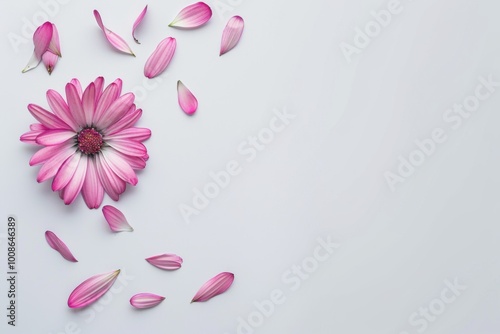 Modern flat lay with a pink flower and petals spread out on a white surface