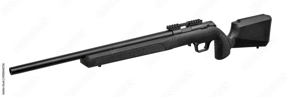 Modern bolt action carbine .22 caliber with plastic butt. Small caliber rifle for sport shooting and hunting. Isolate on white back Modern bolt action carbine .22 caliber with plastic butt. Small caliber rifle for sport shooting and hunting. Isolate on white back