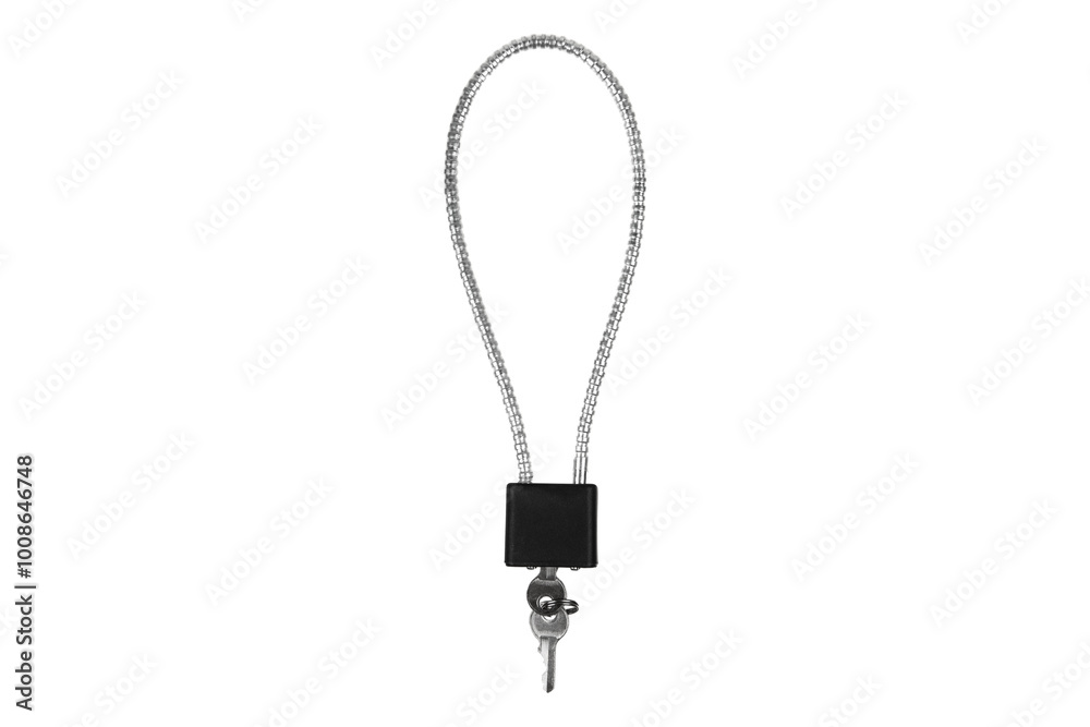 Locks and keys used to safely secure a firearm from being used. Weapon cable lock. Locks and keys used to safely secure a firearm from being used. Weapon cable lock.