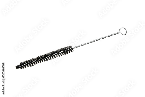 Gun cleaning rod with handle and spiral brush isolated on white background, essential for firearm maintenance and safety