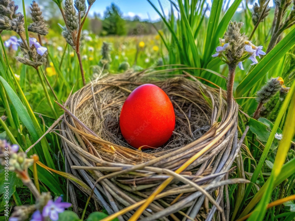 Red-winged Blackbird Egg Nestled in Natural Habitat Amongst Grasses and Wildflowers in Springtime Red-winged Blackbird Egg Nestled in Natural Habitat Amongst Grasses and Wildflowers in Springtime