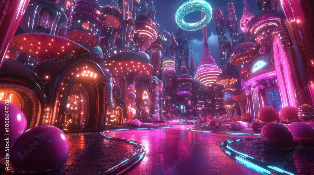 Obraz premium A vibrant, futuristic cityscape with colorful neon lights and unique architecture, creating an enchanting and surreal ambiance.