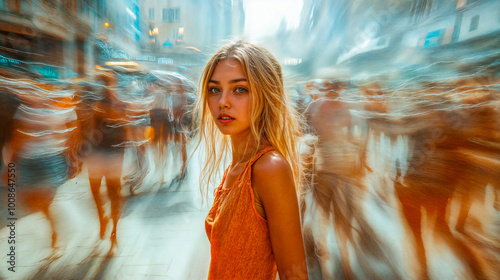 Jeune femme de face au milieu de la foule en mouvement photo