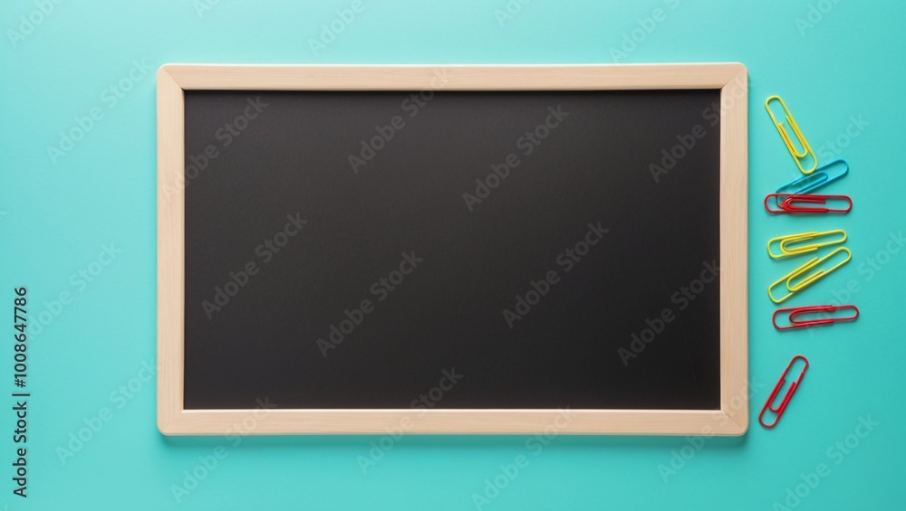 Blackboard with Colorful Paper Clips on Turquoise Background Blackboard with Colorful Paper Clips on Turquoise Background