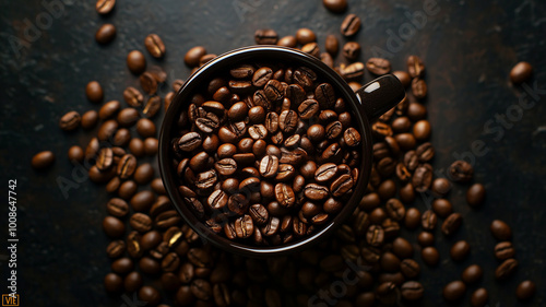 top view of coffee beans on dark decorative background