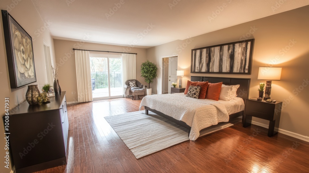 This room features new, gleaming flooring that enhances the sleek design. A cozy bed is complemented by tasteful decor, creating a fresh and inviting atmosphere filled with light This room features new, gleaming flooring that enhances the sleek design. A cozy bed is complemented by tasteful decor, creating a fresh and inviting atmosphere filled with light