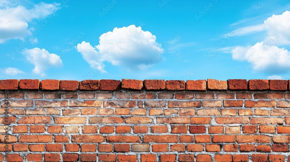 A sturdy brick wall rises prominently under a bright blue sky, featuring patches of fluffy clouds above, creating a striking contrast in the landscape A sturdy brick wall rises prominently under a bright blue sky, featuring patches of fluffy clouds above, creating a striking contrast in the landscape