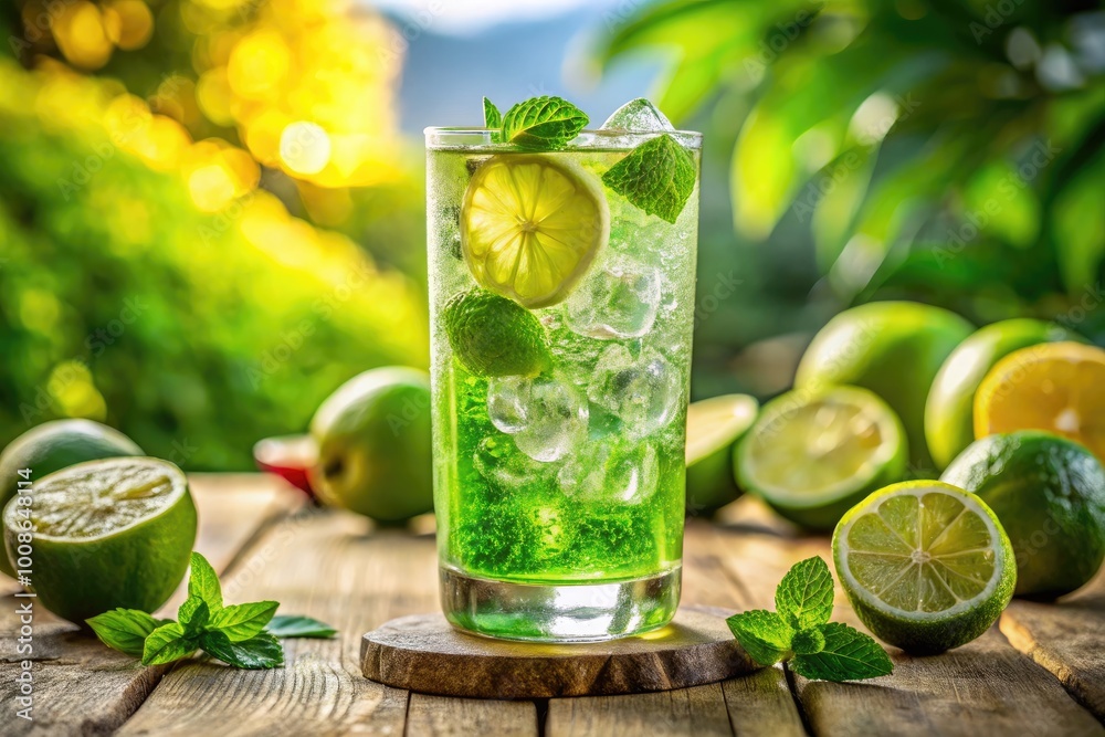 Fototapeta premium Refreshing Lime Soda with Ice Cubes and Bubbles in a Clear Glass on a Bright Summer Day