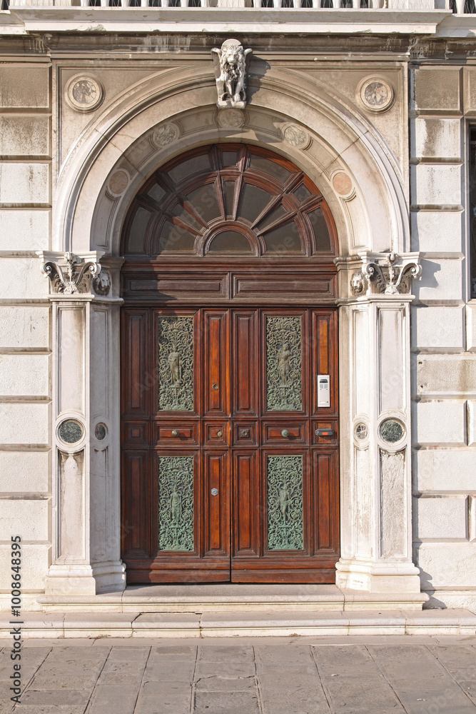 Wooden Arch Door at House in Venice Italy Sunny Autumn Day Wooden Arch Door at House in Venice Italy Sunny Autumn Day