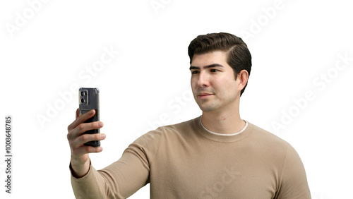 Man, close-up, on a white background, using a phone