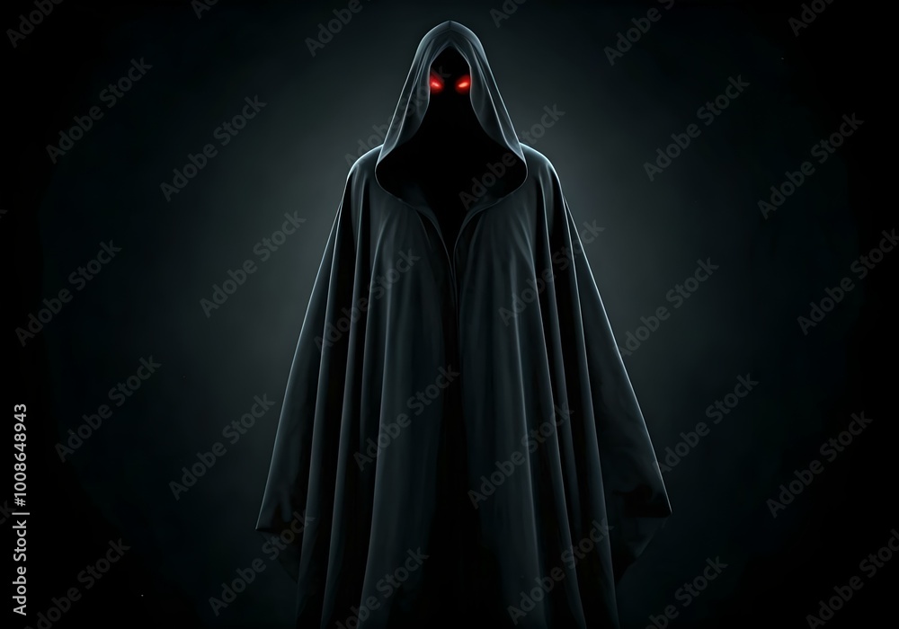 Halloween ghost in the dark, evil spirit dressed in black with red eyes background Halloween ghost in the dark, evil spirit dressed in black with red eyes background