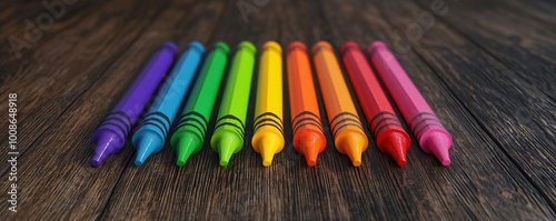 A vibrant array of crayons arranged in a row, showcasing bright colors against a rustic wooden background. photo