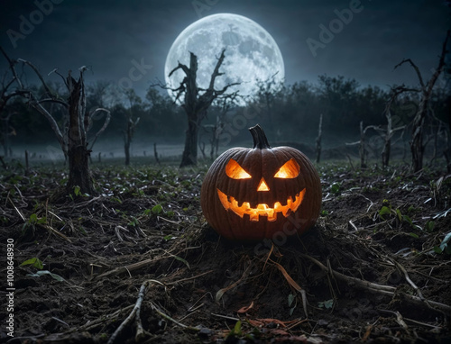 Haunted Hollow: A Jack-o'-Lantern's Luminous Solitude Under a Full Moon photo