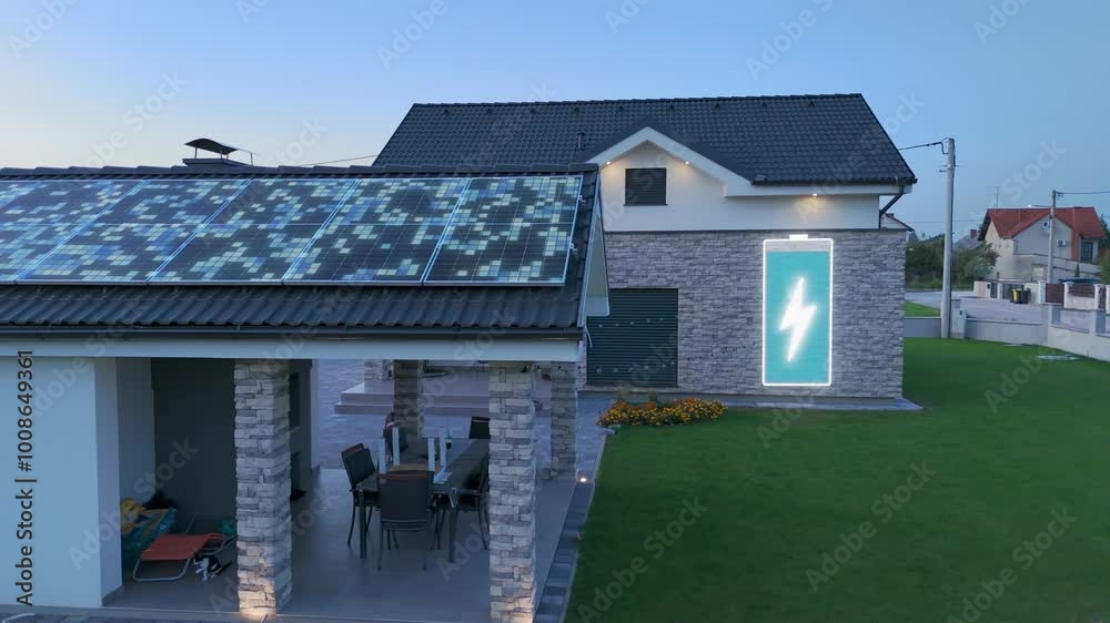 Sustainable residential modern house with solar panels and animation of photovoltaic energy flow and battery charging. Environment friendly home. Aerial slide shoot
