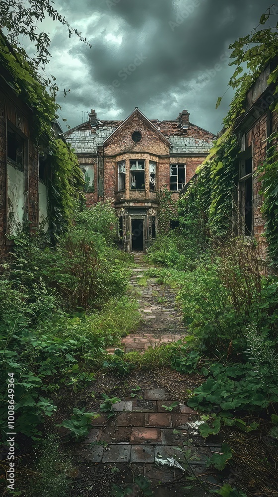 A haunting view of an abandoned building, overtaken by nature, showcasing a mysterious atmosphere and overgrown vegetation.