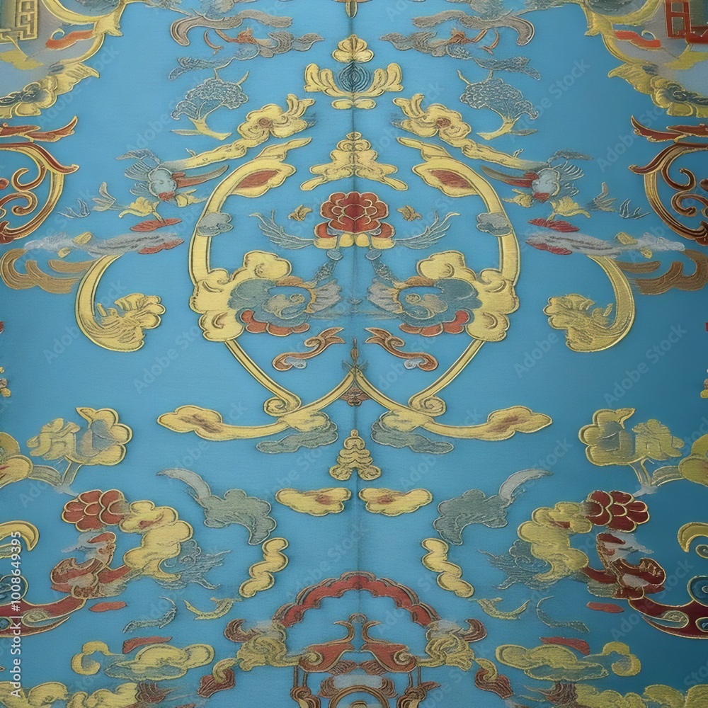 Blue wallpaper with floral patterns in Chinese style. 3D illustration.