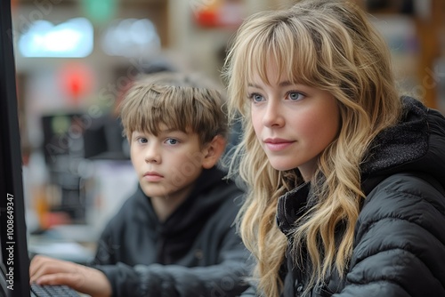 a person and a child looking at a computer screen