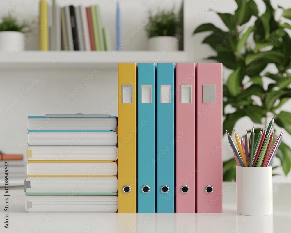 A vibrant office scene with colorful binders, notebooks, and stationery, promoting organization and creativity in the workspace.