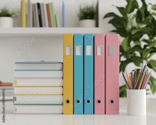 A vibrant office scene with colorful binders, notebooks, and stationery, promoting organization and creativity in the workspace.