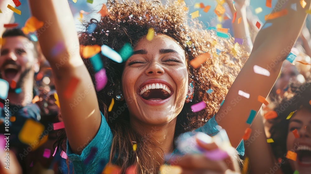 A joyful woman celebrating with confetti, surrounded by a lively crowd, showcasing pure happiness and festive spirit. A joyful woman celebrating with confetti, surrounded by a lively crowd, showcasing pure happiness and festive spirit.