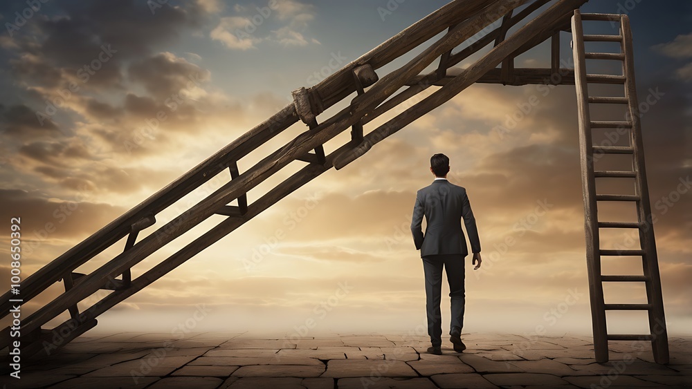 A person accidentally walking under a leaning ladder, an ancient symbol of bad luck and risky decisions. A person accidentally walking under a leaning ladder, an ancient symbol of bad luck and risky decisions.
