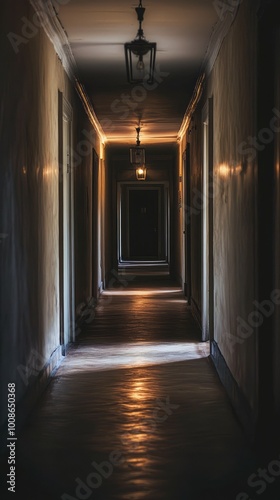 A long, illuminated hallway with vintage lamps creating an atmospheric and mysterious ambiance.