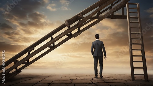 A person accidentally walking under a leaning ladder, an ancient symbol of bad luck and risky decisions.