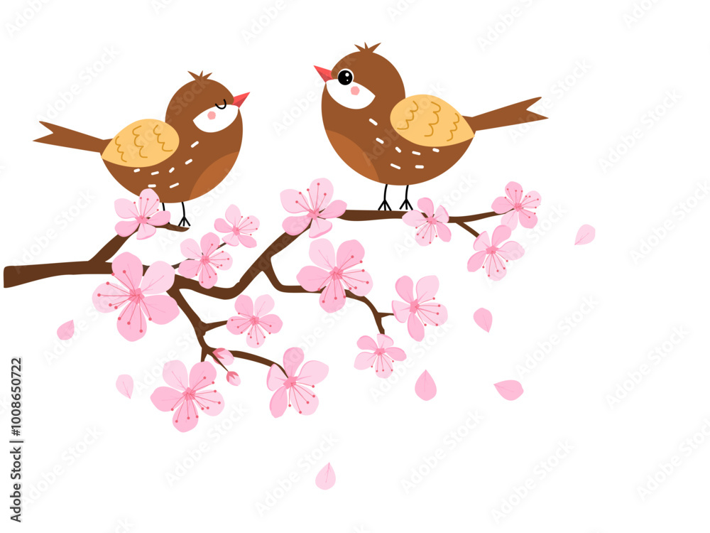 Cherry blossom Sakura flower branch and cute bird cartoons isolated on white background vector.