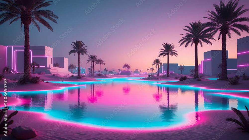 Fototapeta premium Neon Tropical Pool with Palm Trees