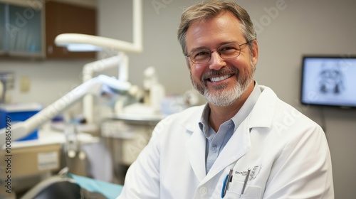 Male dentist smiling in dental clinic. Dentistry concept, healthy white teeth. Dentist in office.