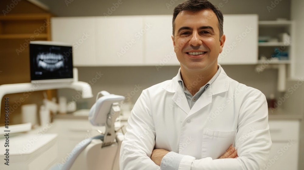 Obraz premium Male dentist smiling in dental clinic. Dentistry concept, healthy white teeth. Dentist in office.