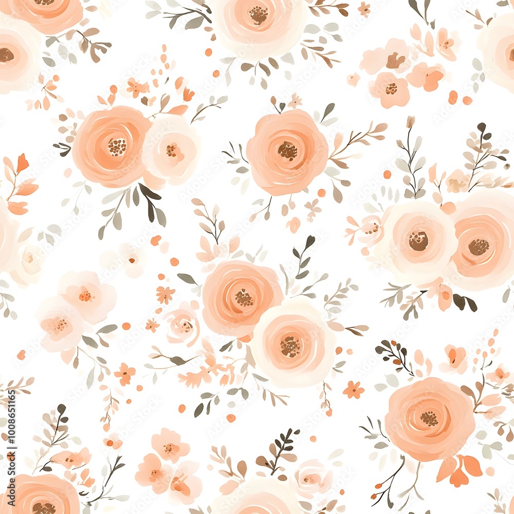 Fototapeta premium Peach and White Watercolor Floral Pattern Seamless Background