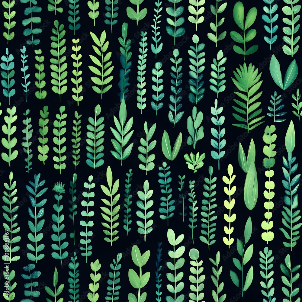 Green Watercolor Foliage Pattern on Black Background Green Watercolor Foliage Pattern on Black Background