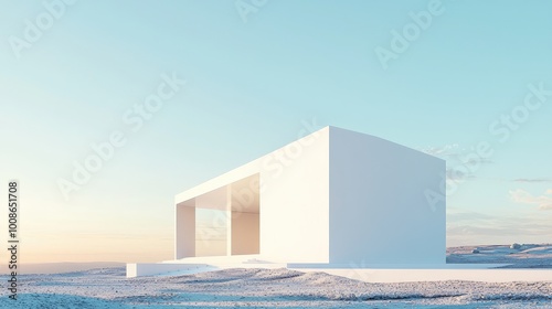 A minimalist building with a modern design, set against a serene landscape and soft pastel sky, evoking tranquility and innovation.