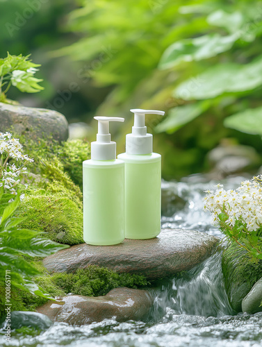 A bottle of natural serum or moisturizer for skin care is placed in a lush green environment with a river. Ideal for presentations of skincare, beauty and spa products