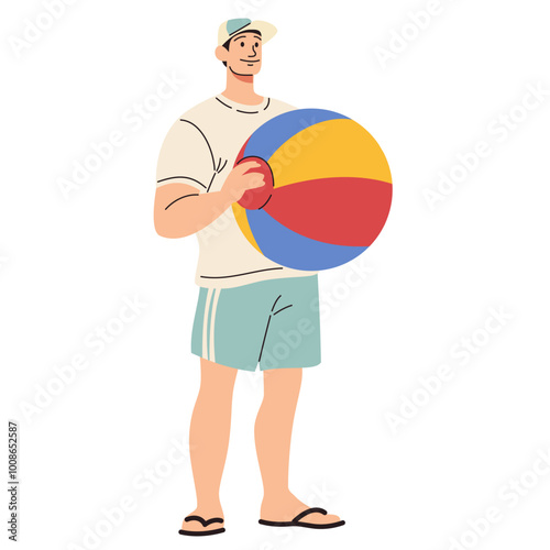 Flat vector illustration. A man in shorts and a cap stands and holds an inflatable beach ball. Vector illustration