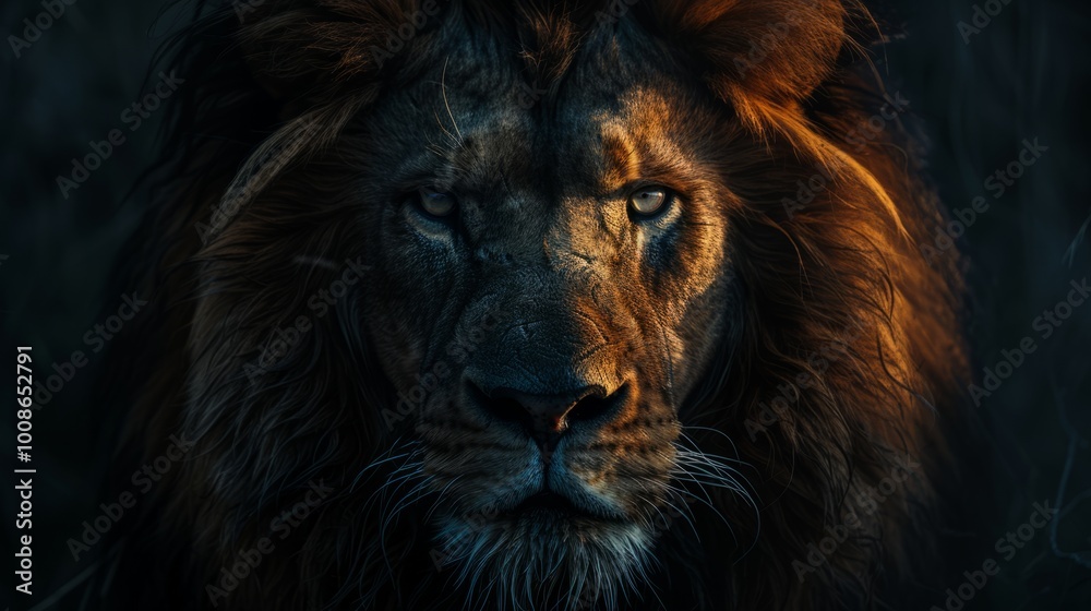 A majestic lion staring intensely in the twilight savanna, showcasing its powerful presence and regal mane