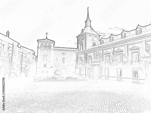 illustration, building, monument, black and white, outline, patt