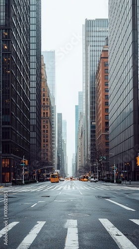 A modern cityscape showcasing tall buildings lining a deserted street, capturing the essence of urban architecture.